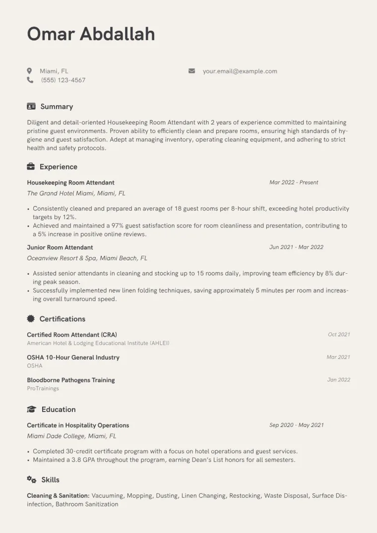 Housekeeping Room Attendant Resume Example CV template preview