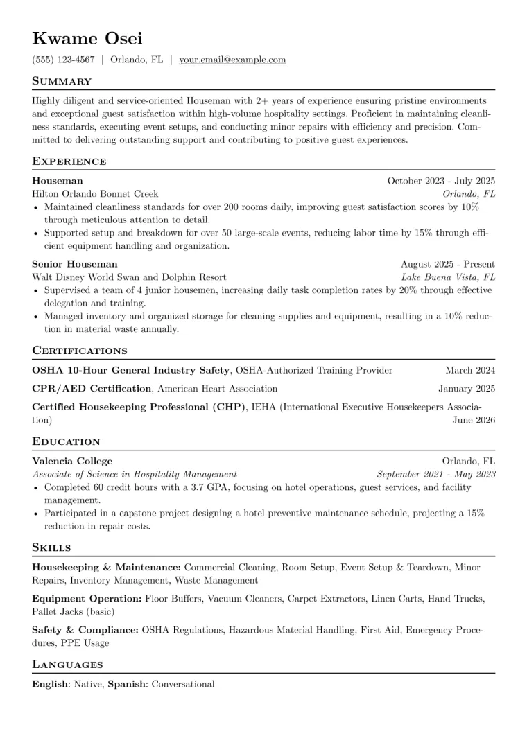 Houseman Resume Example preview