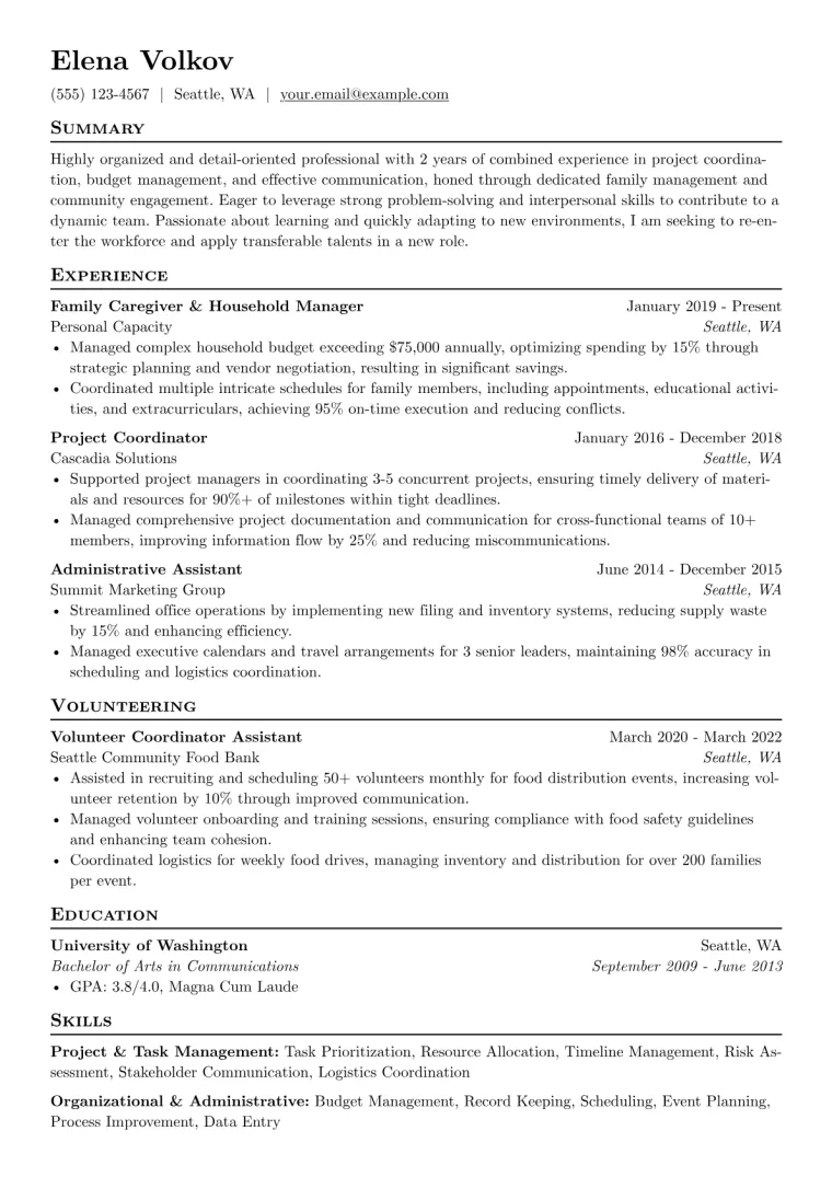 Housewife (Returning to Work) Resume Example CV template preview