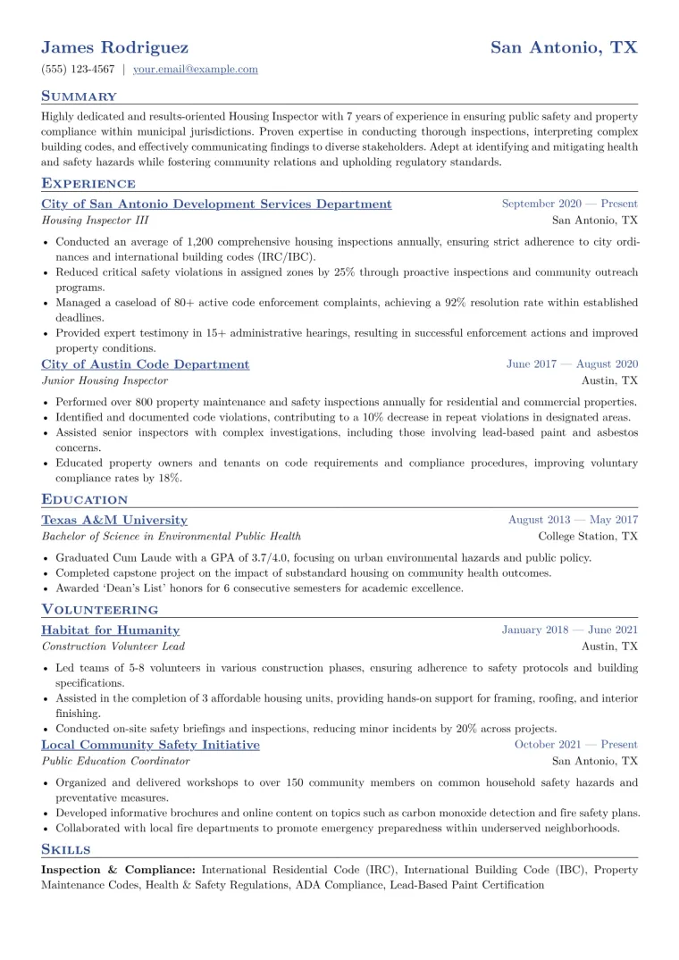 Housing Inspector Resume Example CV template preview