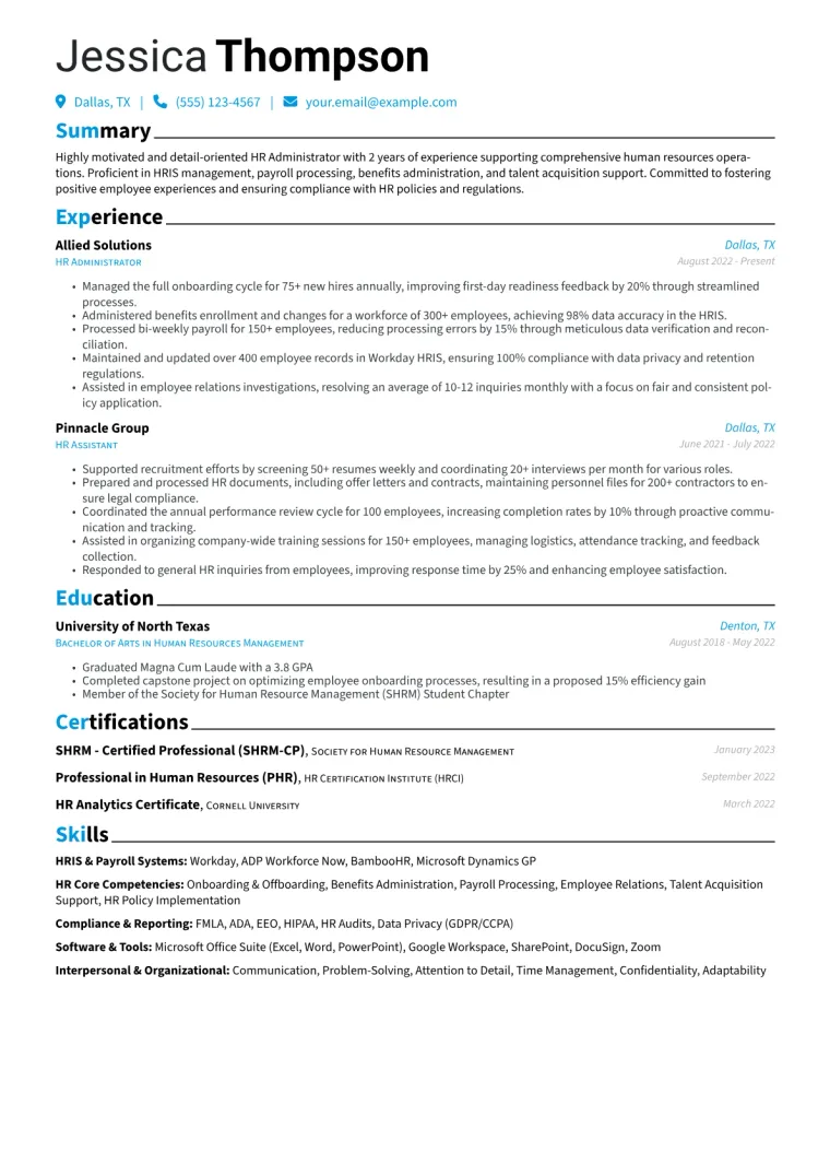 HR Administrator Resume Example CV template preview