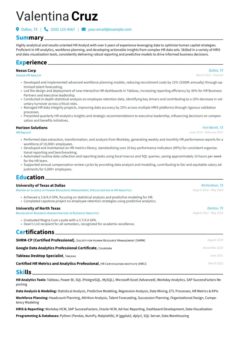 HR Analyst Resume Example CV template preview