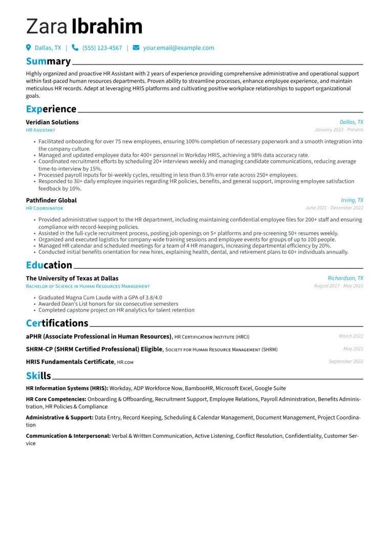 HR Assistant Resume Example CV template preview