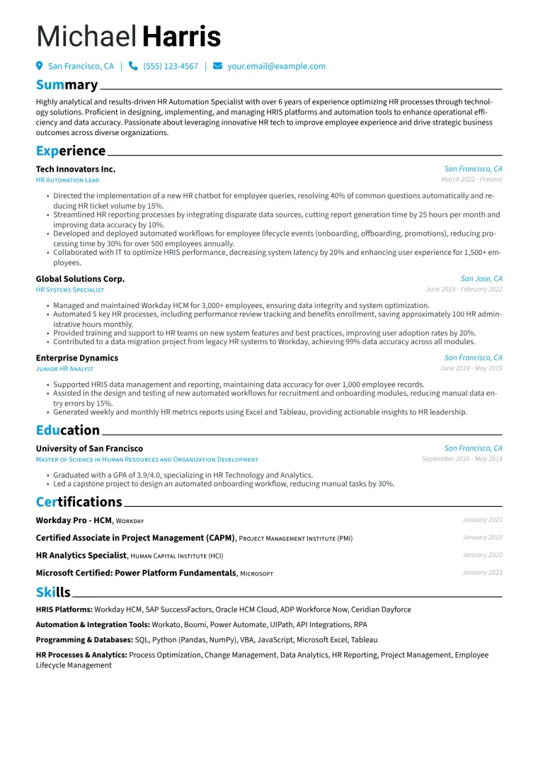 HR Automation Specialist Resume Example CV template preview