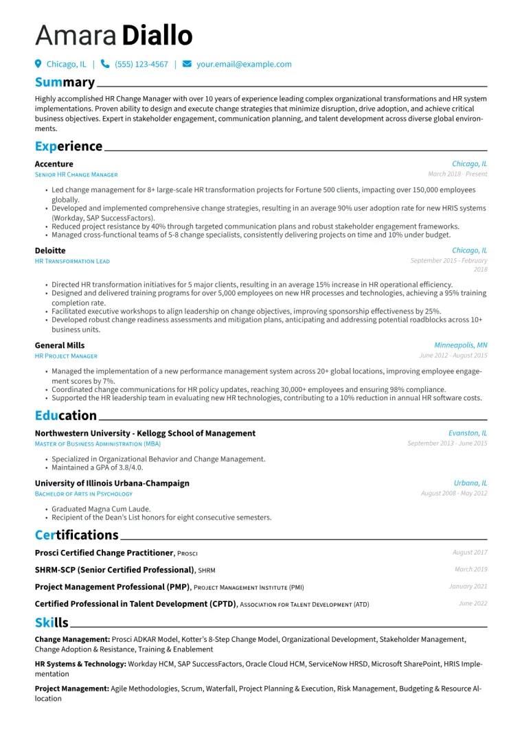 HR Change Manager Resume Example CV template preview