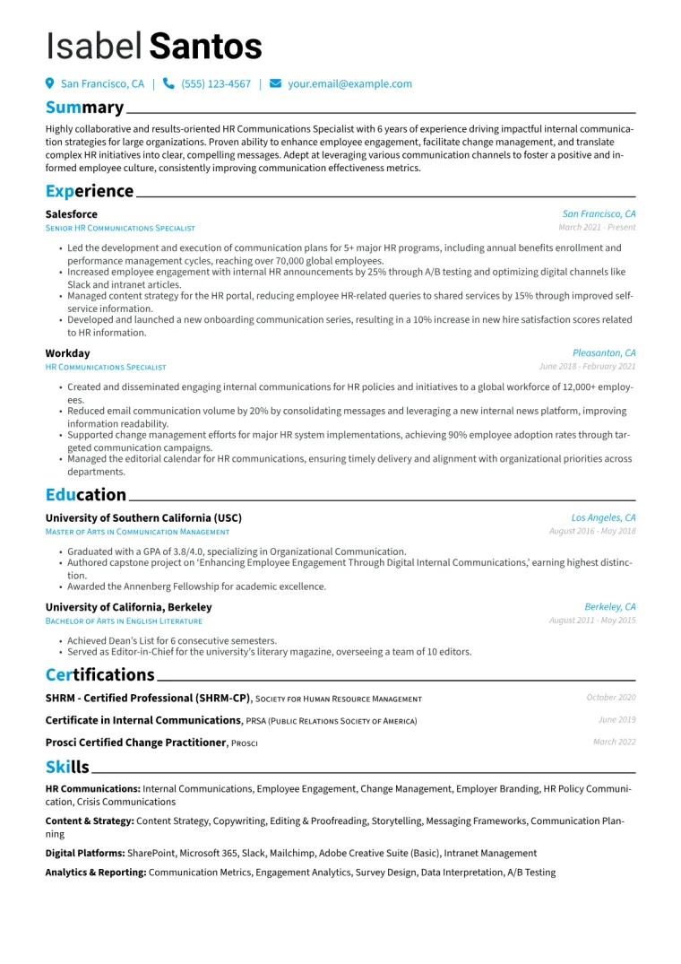 HR Communications Specialist Resume Example CV template preview