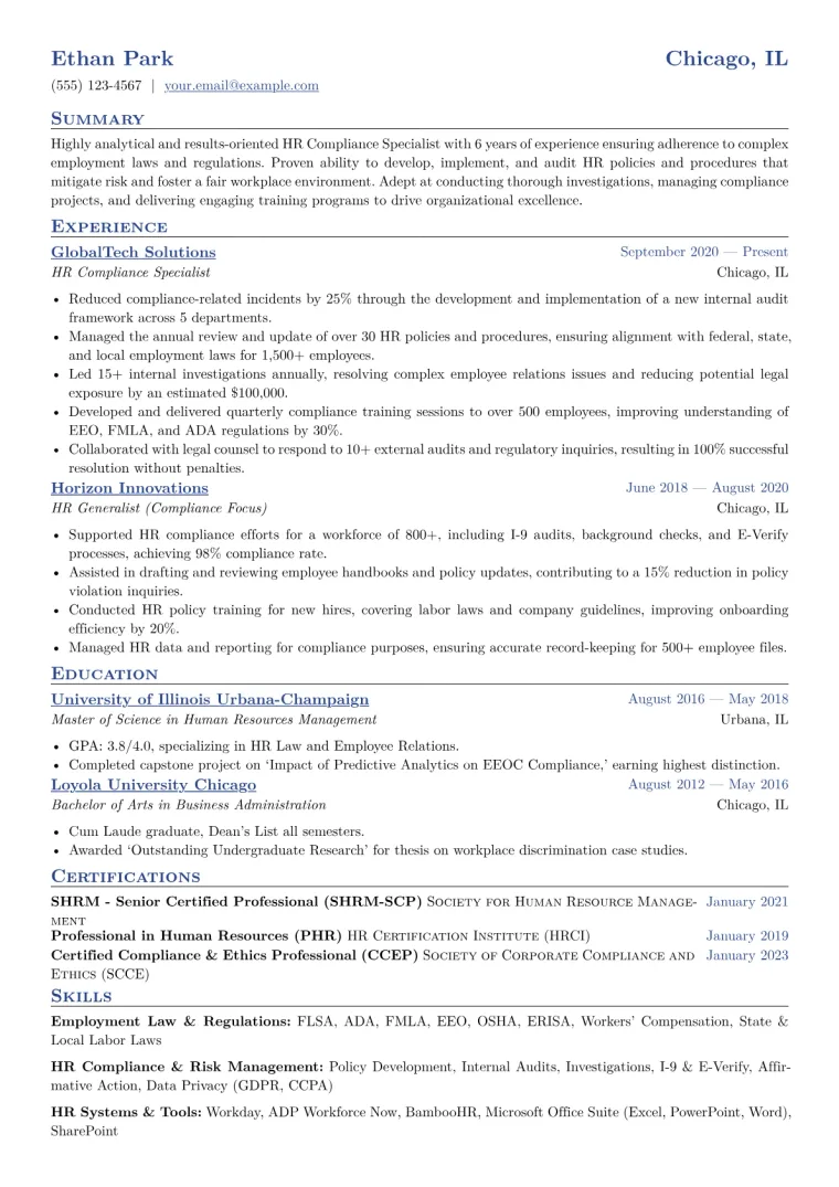 HR Compliance Specialist Resume Example CV template preview