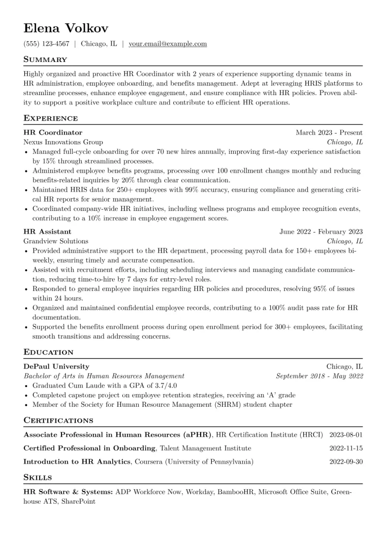 HR Coordinator Resume Example CV template preview