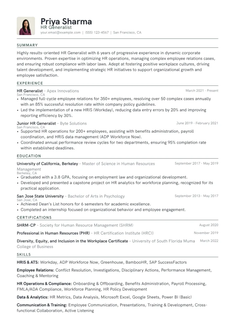 HR Generalist Resume Example preview