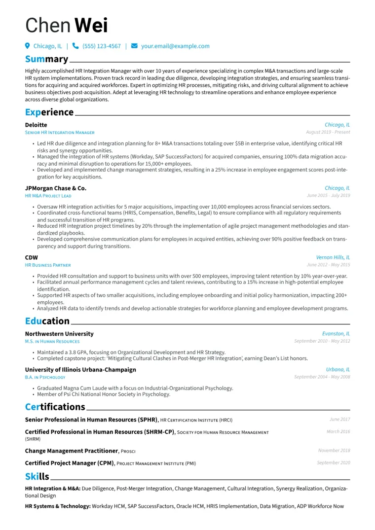 HR Integration Manager Resume Example CV template preview