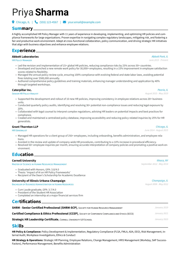 HR Policy Manager Resume Example CV template preview