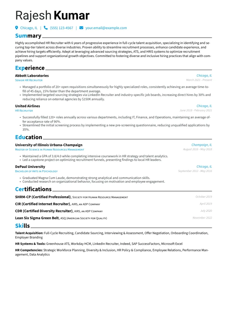 HR Recruiter Resume Example CV template preview