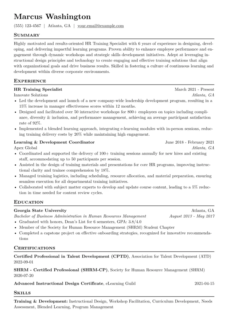HR Training Specialist Resume Example CV template preview