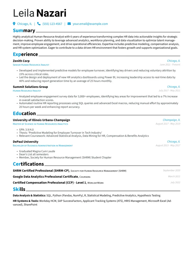 Human Resource Analyst Resume Example CV template preview
