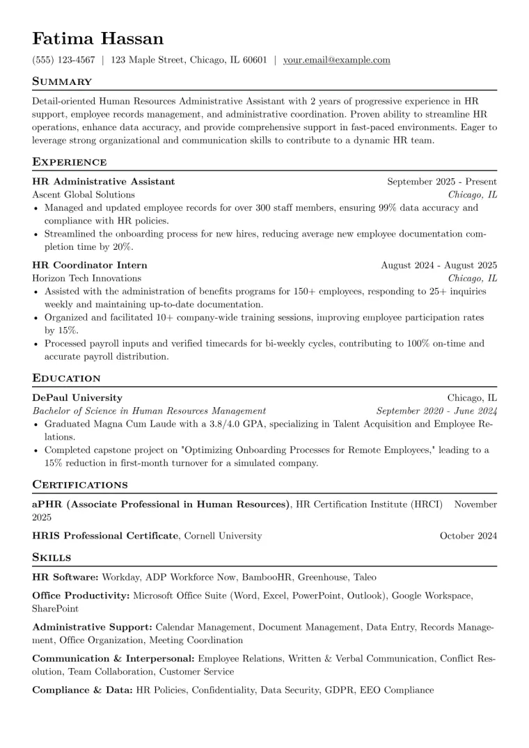 Human Resources Administrative Assistant Resume Example CV template preview