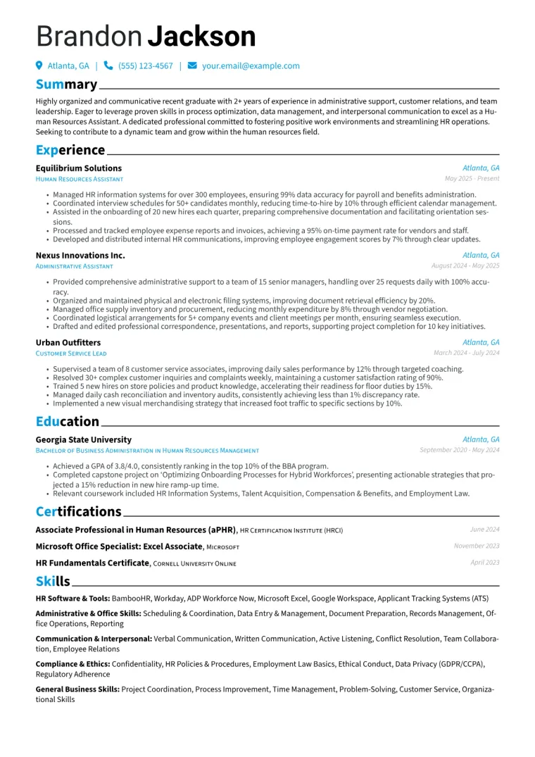 Human Resources Assistant With No Experience Resume Example CV template preview