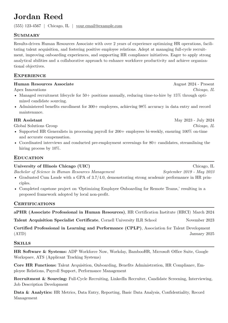 Human Resources Associate Resume Example CV template preview