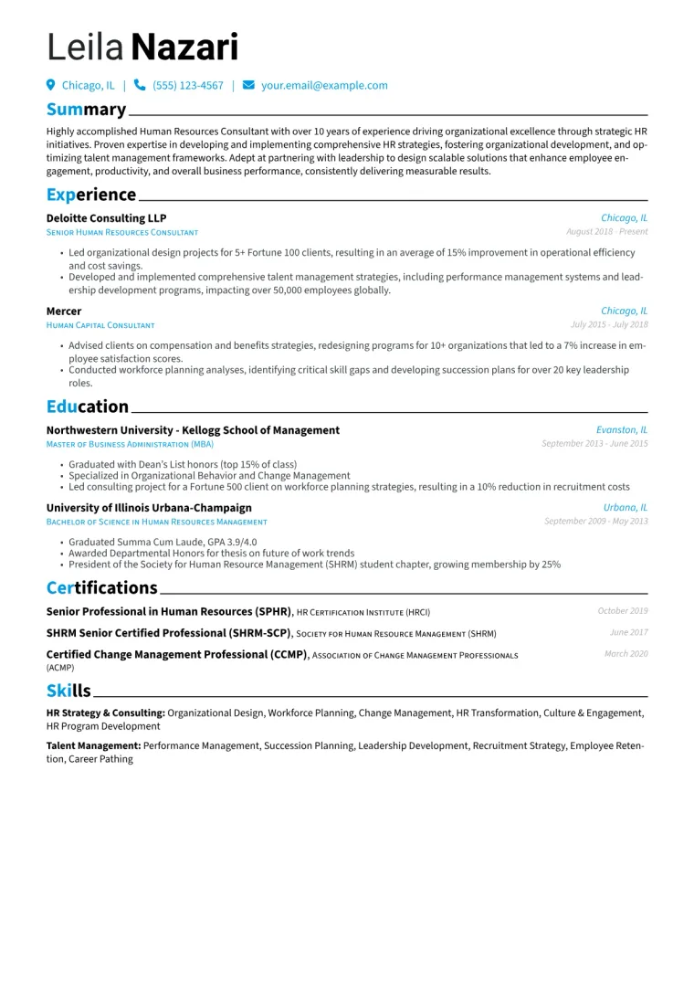 Human Resources Consultant Resume Example CV template preview