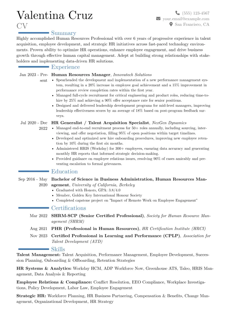 Human Resources Professional Resume Example CV template preview