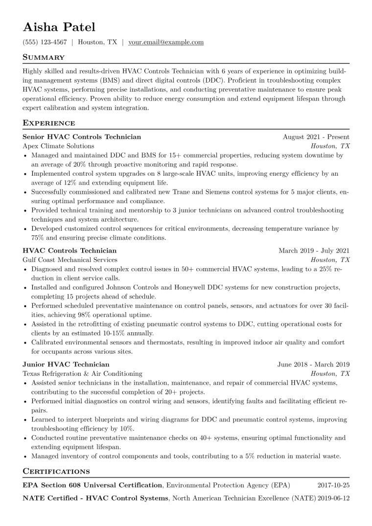 HVAC Controls Technician Resume Example CV template preview