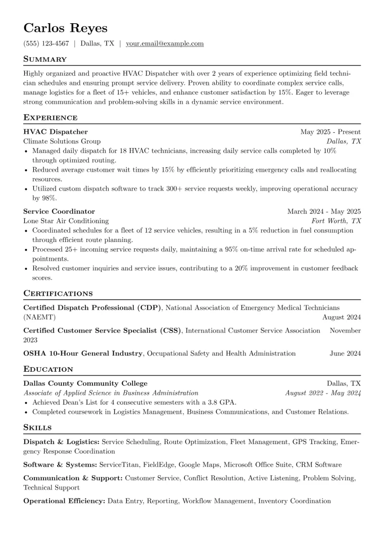HVAC Dispatcher Resume Example CV template preview