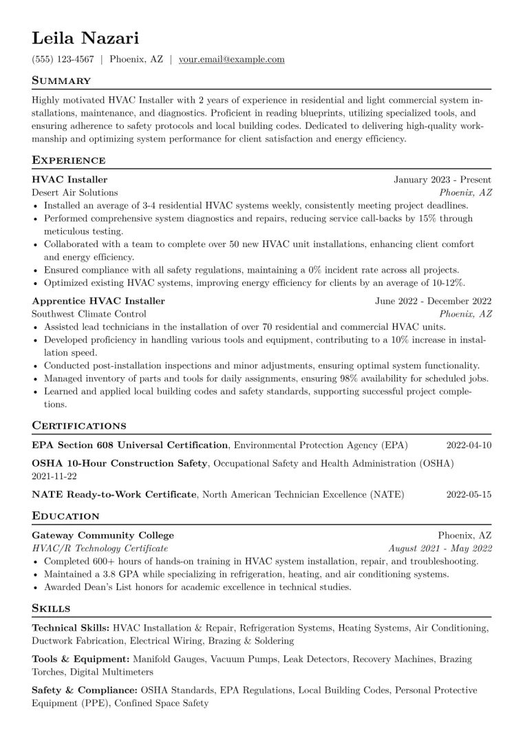 HVAC Installer Resume Example CV template preview