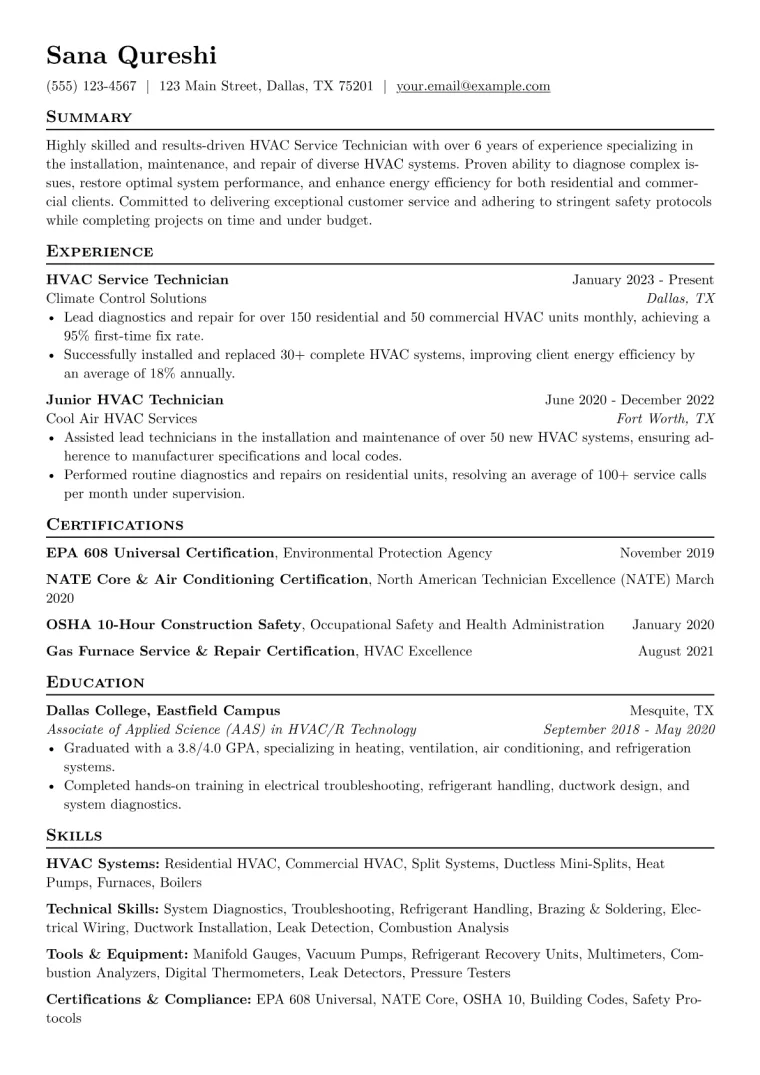 HVAC Service Technician Resume Example CV template preview