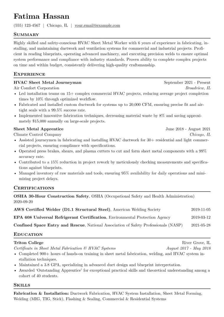HVAC Sheet Metal Worker Resume Example CV template preview
