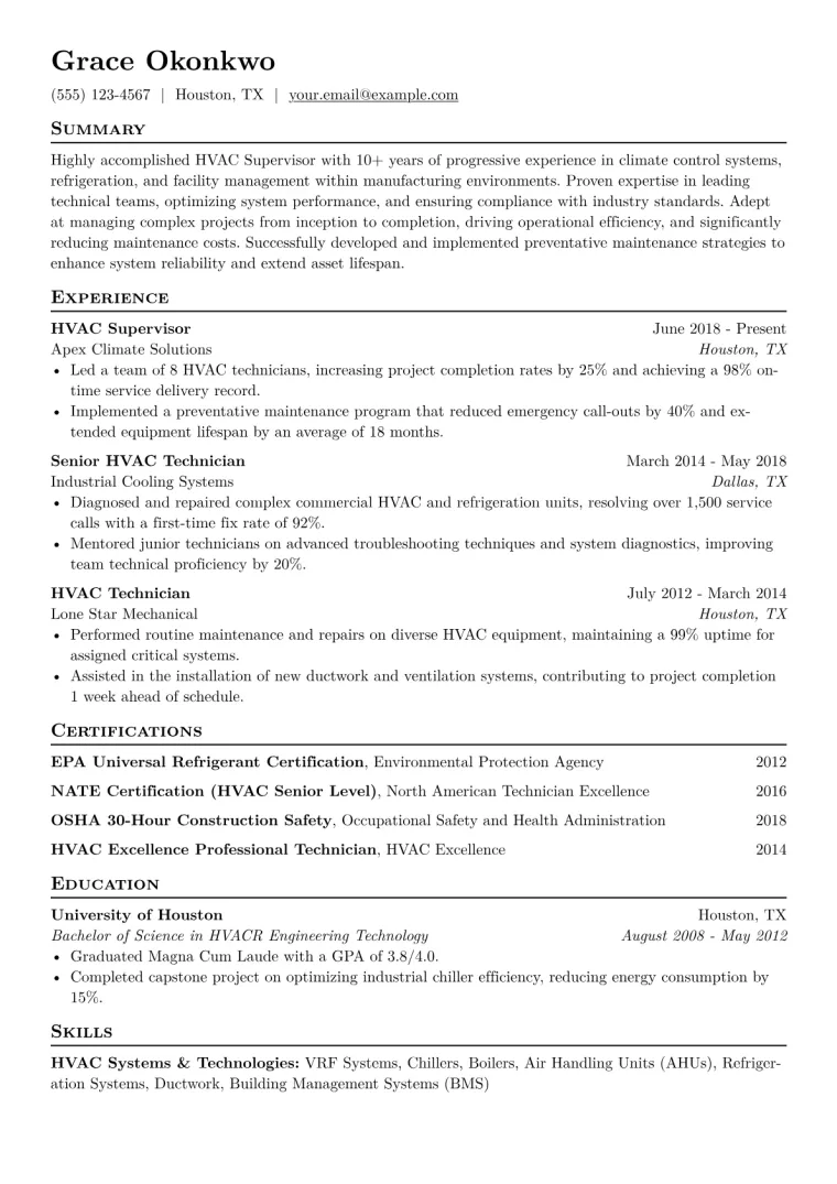 HVAC Supervisor Resume Example CV template preview