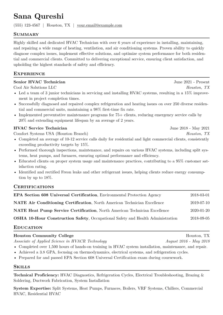 HVAC Technician Resume Example CV template preview