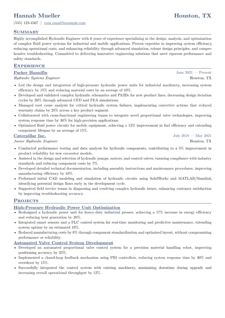 Hydraulic Engineer Resume Example CV template preview