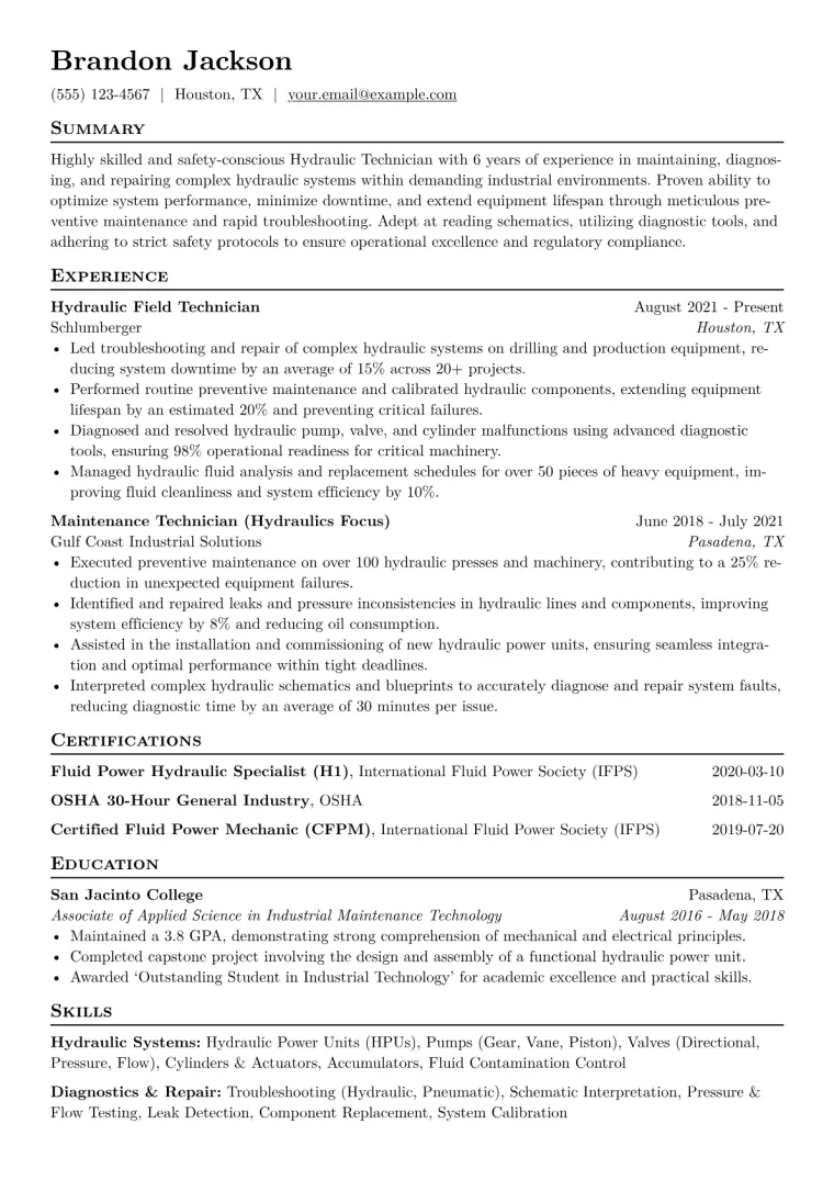 Hydraulic Technician Resume Example CV template preview