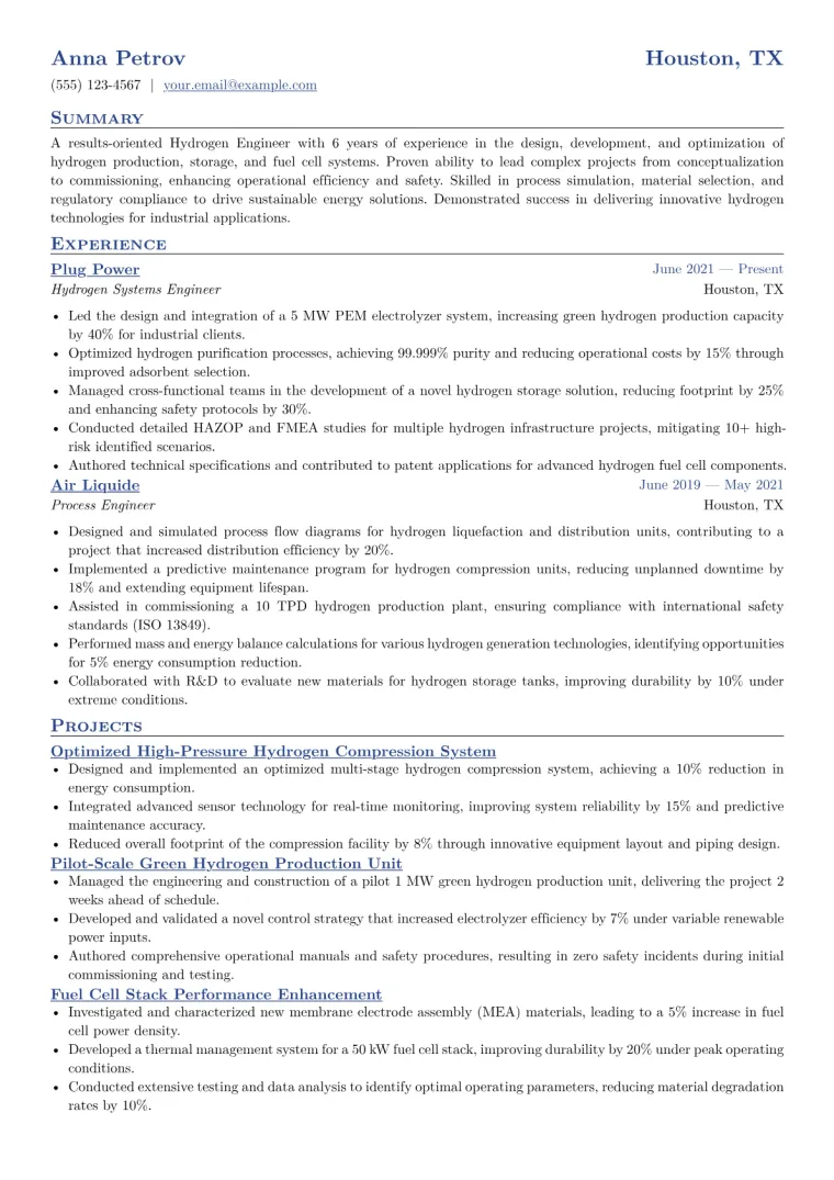 Hydrogen Engineer Resume Example CV template preview