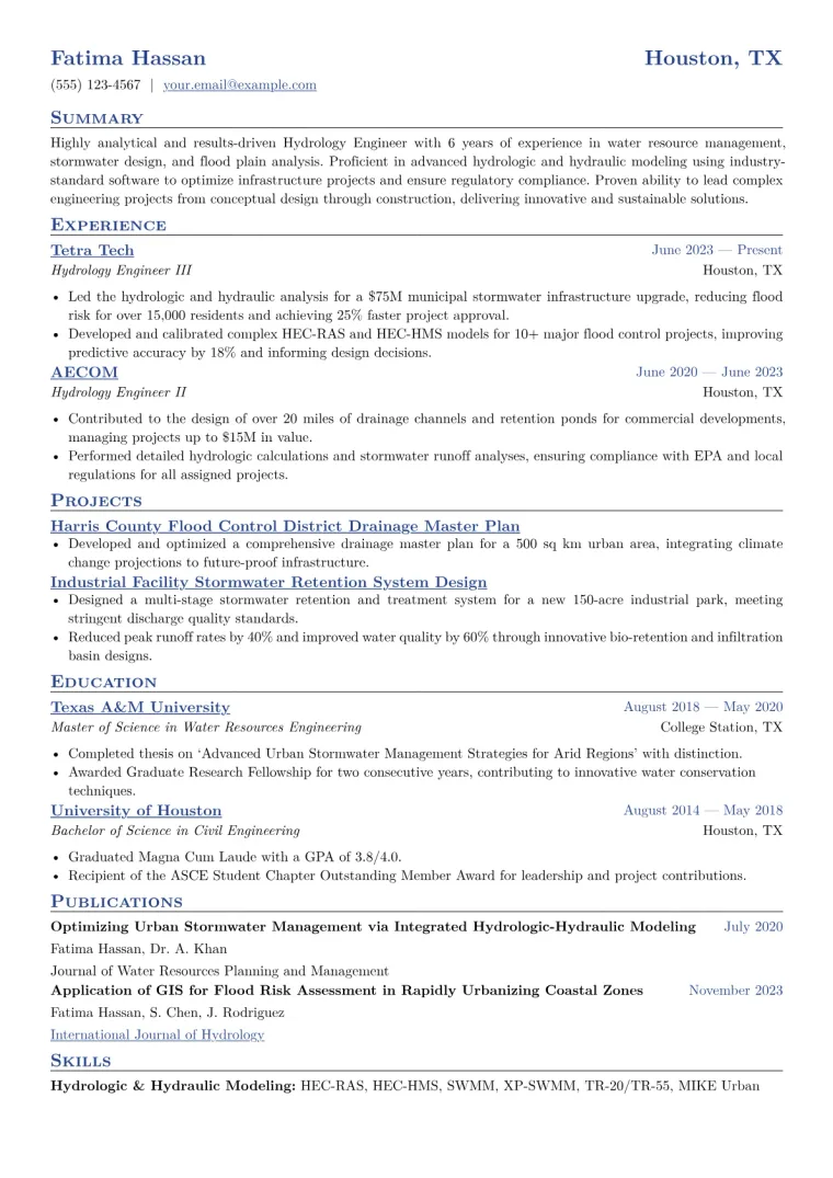 Hydrology Engineer Resume Example CV template preview