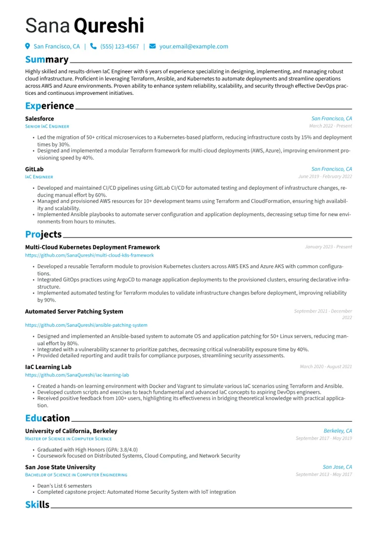 IaC Engineer Resume Example CV template preview