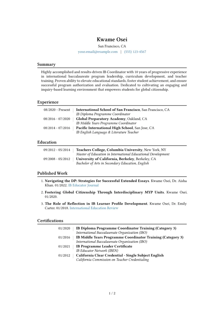 IB Coordinator Resume Example CV template preview