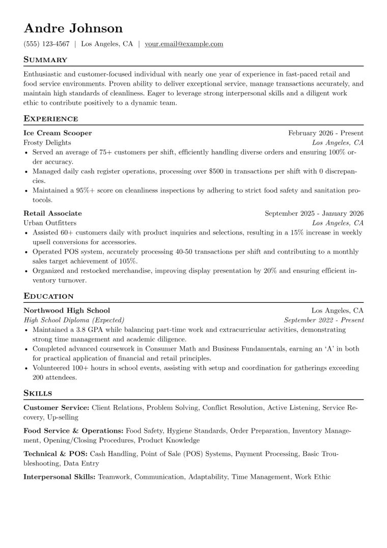 Ice Cream Scooper Resume Example CV template preview