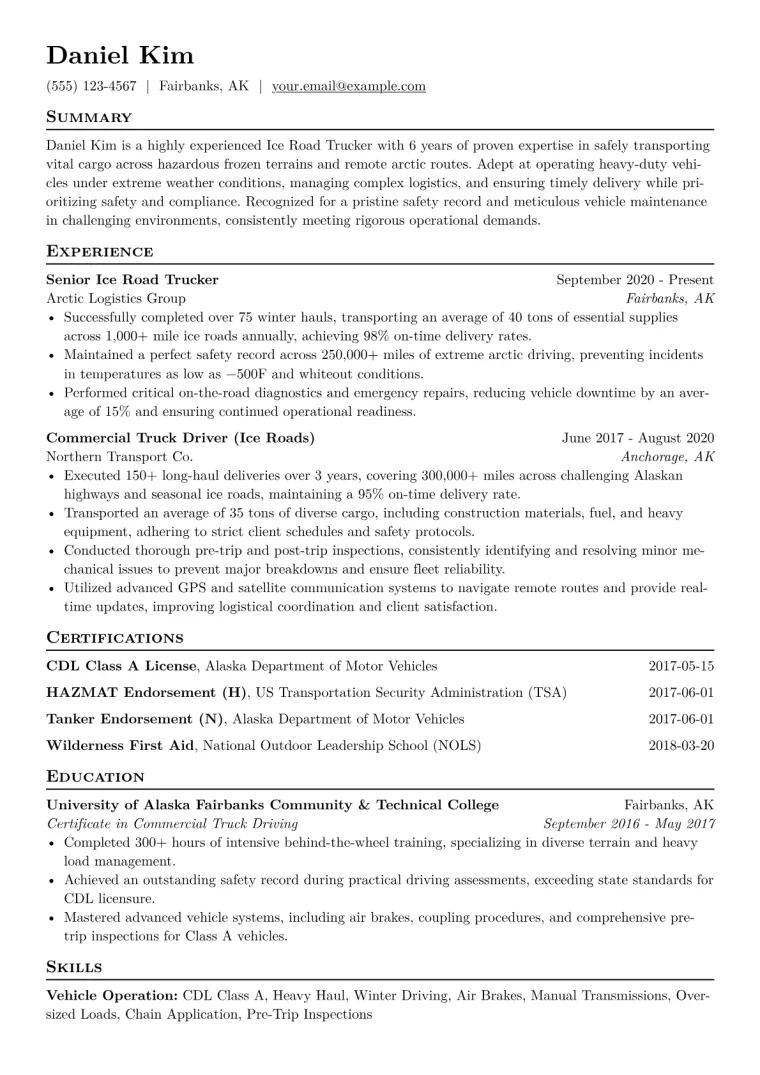Ice Road Trucker Resume Example CV template preview