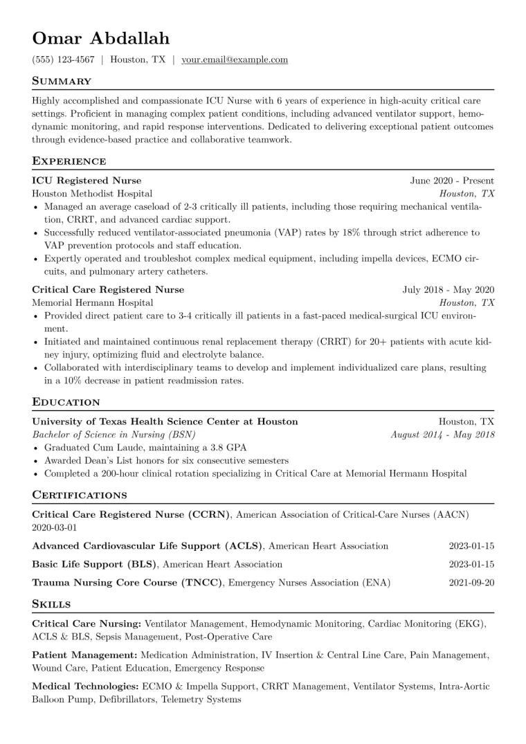 ICU Nurse Resume Example CV template preview