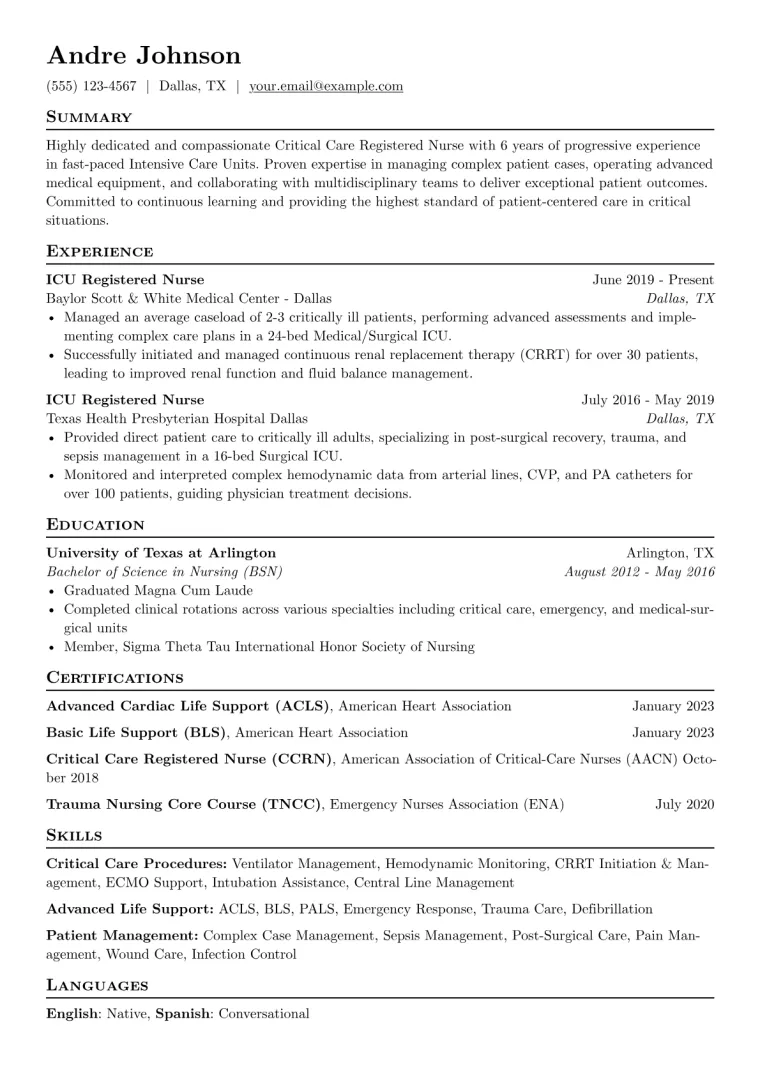 ICU Nursing Resume Example CV template preview
