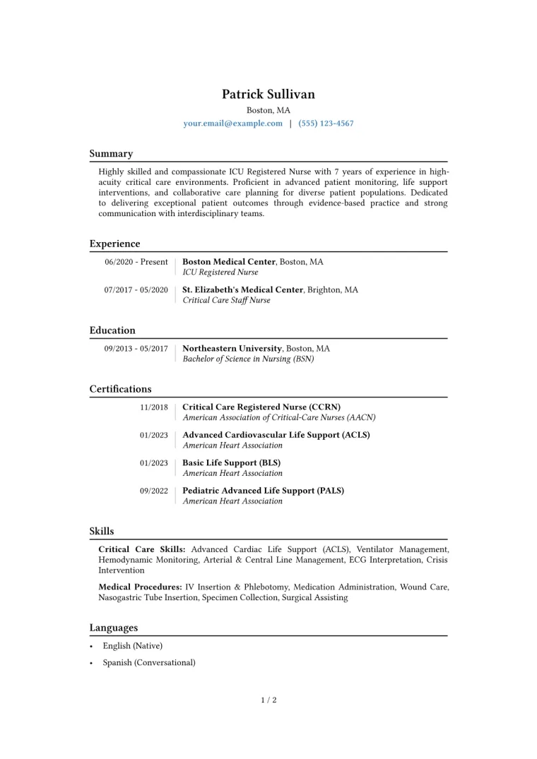 ICU Registered Nurse Resume Example CV template preview