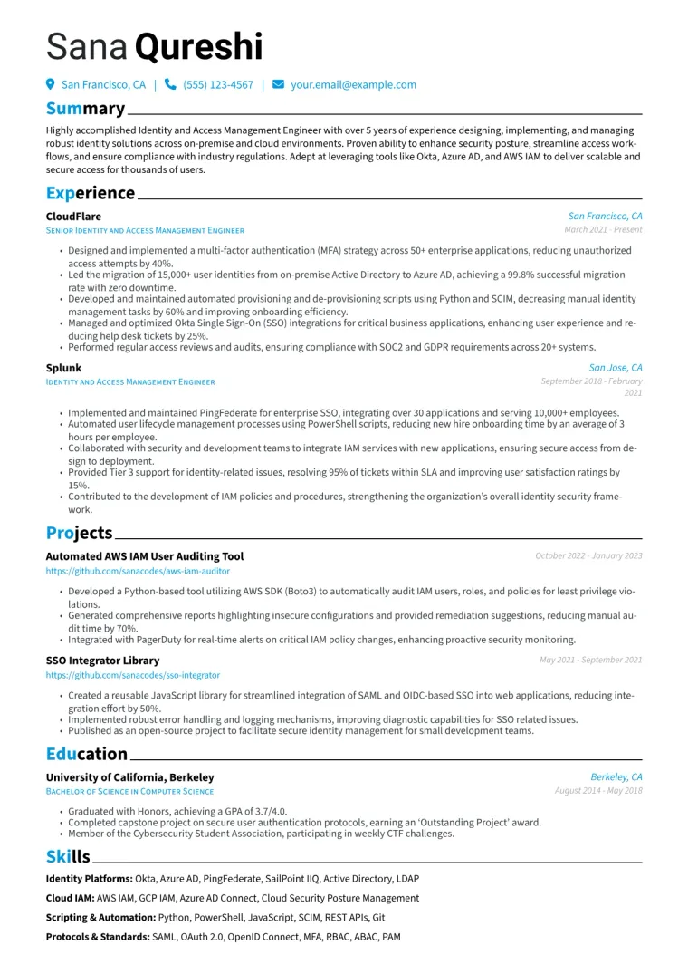 Identity and Access Management Engineer Resume Example CV template preview