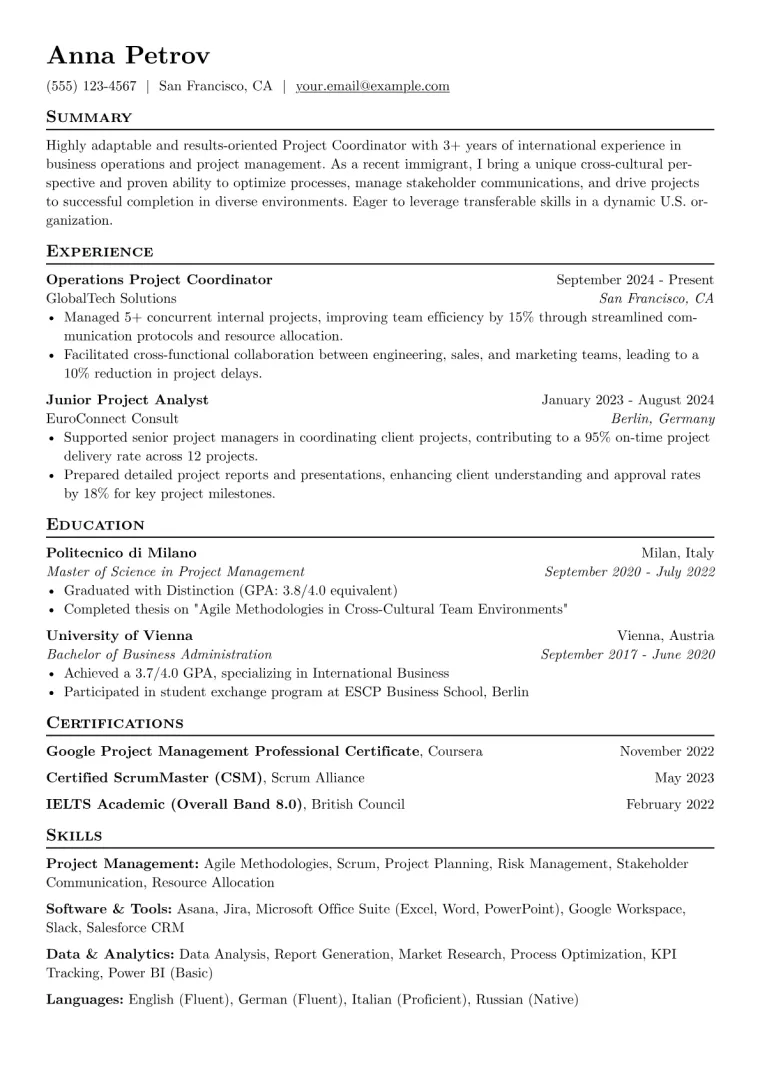 Immigrant Resume Example CV template preview