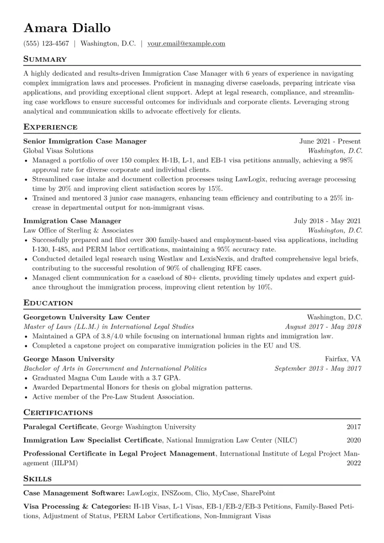 Immigration Case Manager Resume Example CV template preview