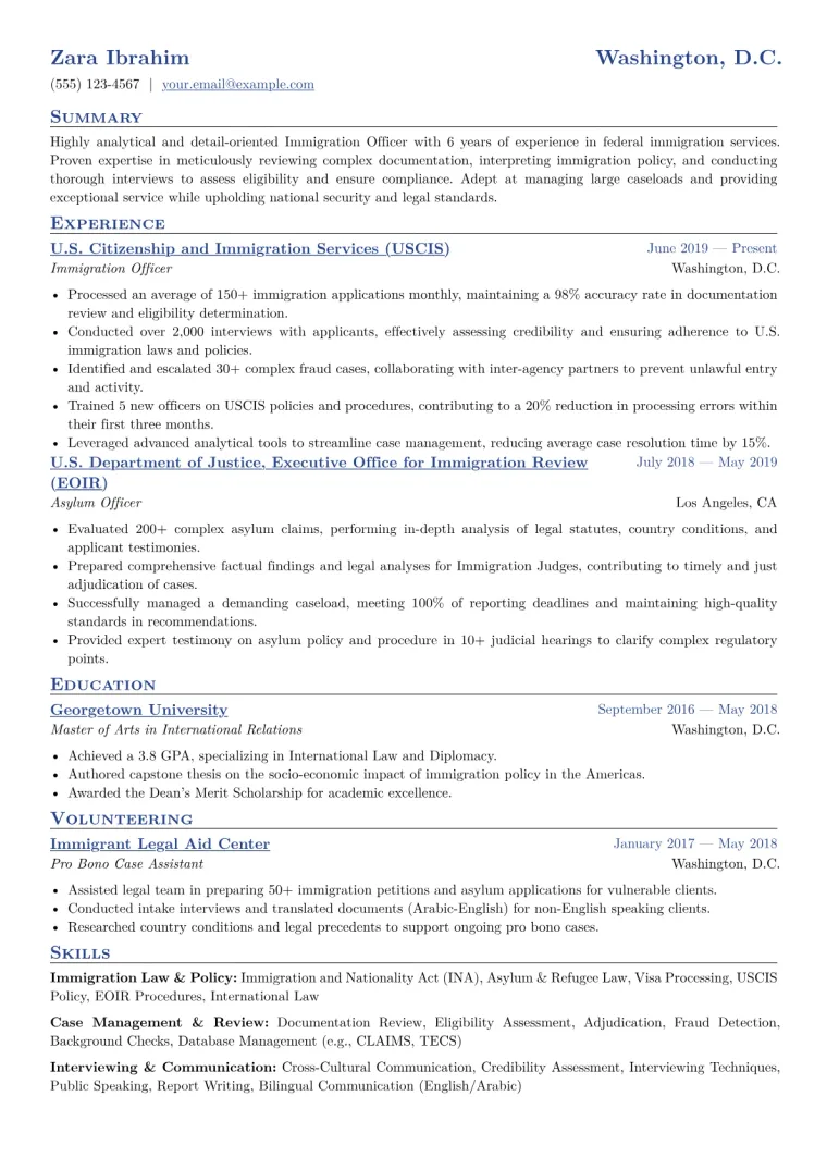 Immigration Officer Resume Example CV template preview