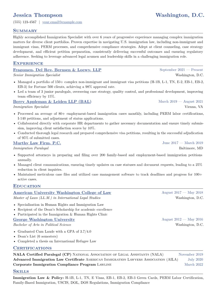 Immigration Specialist Resume Example CV template preview