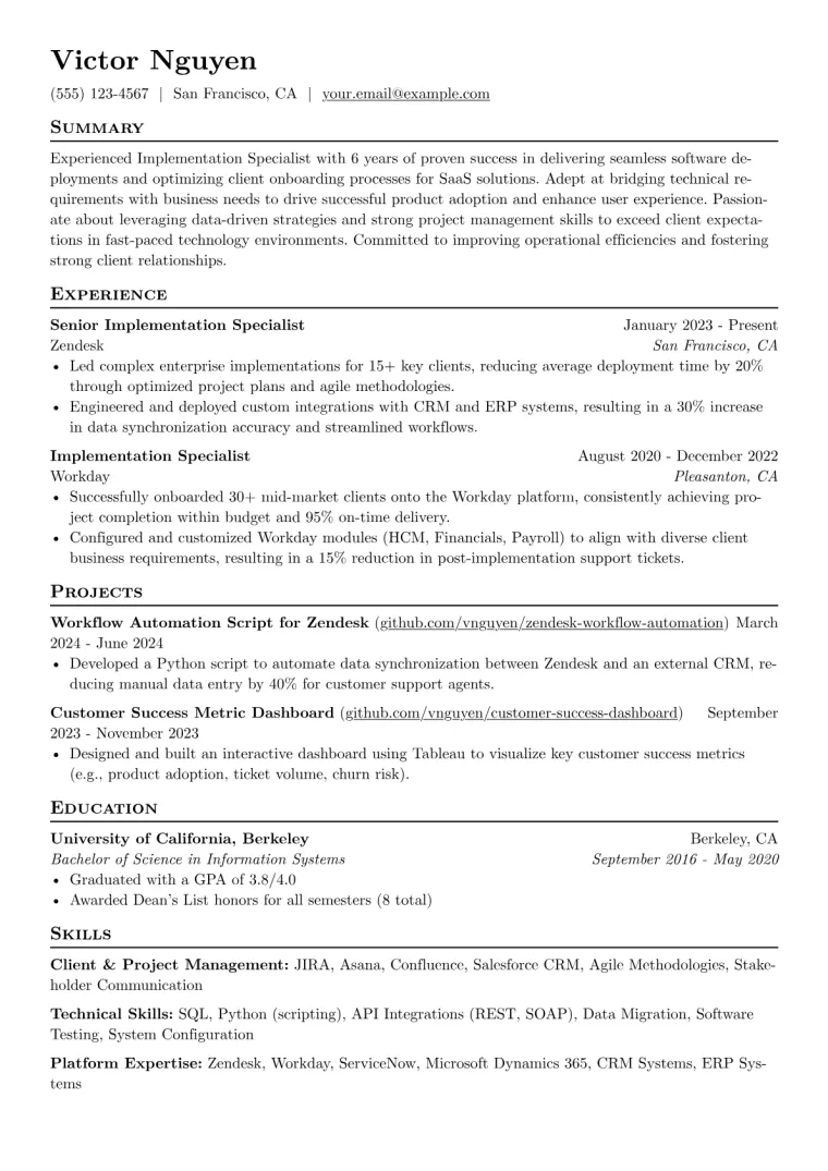 Implementation Specialist Resume Example CV template preview