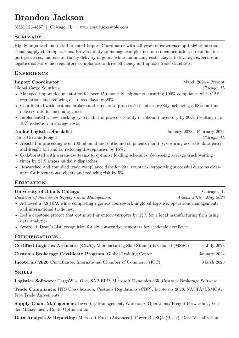 Import Coordinator Resume Example CV template preview