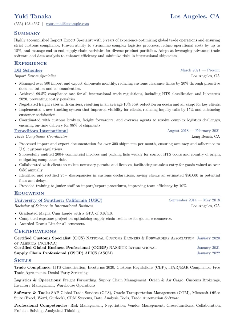 Import Export Specialist Resume Example CV template preview