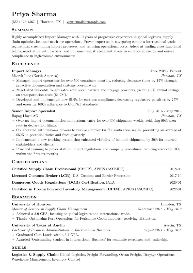 Import Manager Resume Example CV template preview